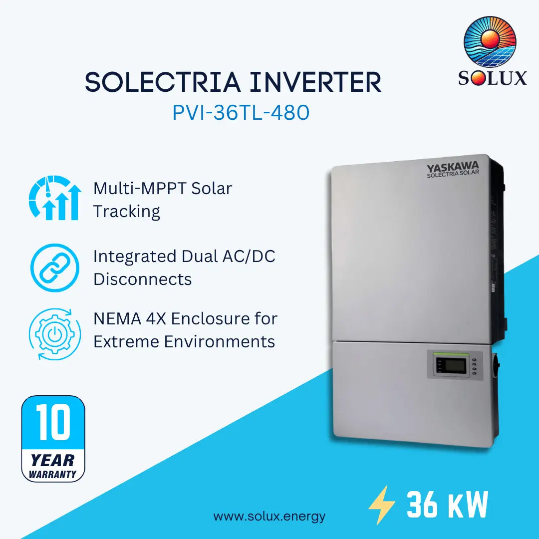 Solux Solectria Inverter PVI-36TL-480 shown on a blue and white promotional graphic. The inverter is a tall rectangular silver-gray unit with a small digital display on the lower right.